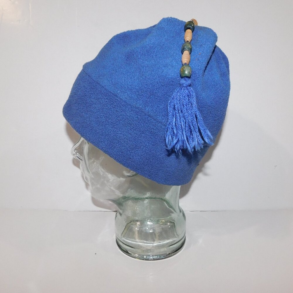 Merkley headgear Unisex Blue Fleece Winter Ski Toque hat  w Wood bead Bobble